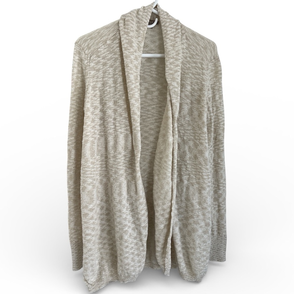 Lilla P Drape Open Front Marled Cotton Blend Cardigan in Ivory Beige M